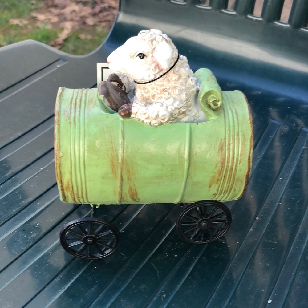 Cute resin farm animal and metal barrel sheep